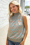 Dazzle In Teal Smocked High Neck Animal Print Sleeveless Top