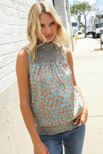 Dazzle In Teal Smocked High Neck Animal Print Sleeveless Top