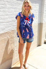 American Flag Blue & Red Stars & Bow Print Woven Top