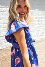 American Flag Blue & Red Stars & Bow Print Woven Top