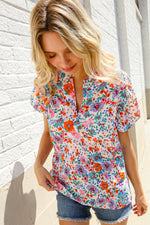 Beautiful You Ivory Floral Print Notch Neck Puff Short Sleeve Top