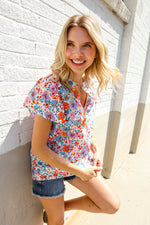 Beautiful You Ivory Floral Print Notch Neck Puff Short Sleeve Top