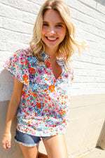 Beautiful You Ivory Floral Print Notch Neck Puff Short Sleeve Top