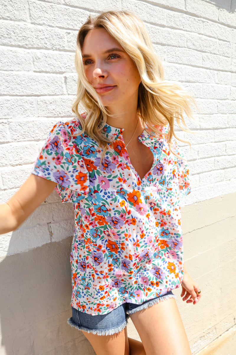 Beautiful You Ivory Floral Print Notch Neck Puff Short Sleeve Top