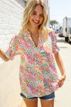 Beautiful You Ivory Notched Neck Floral Smocked Sleeve Top