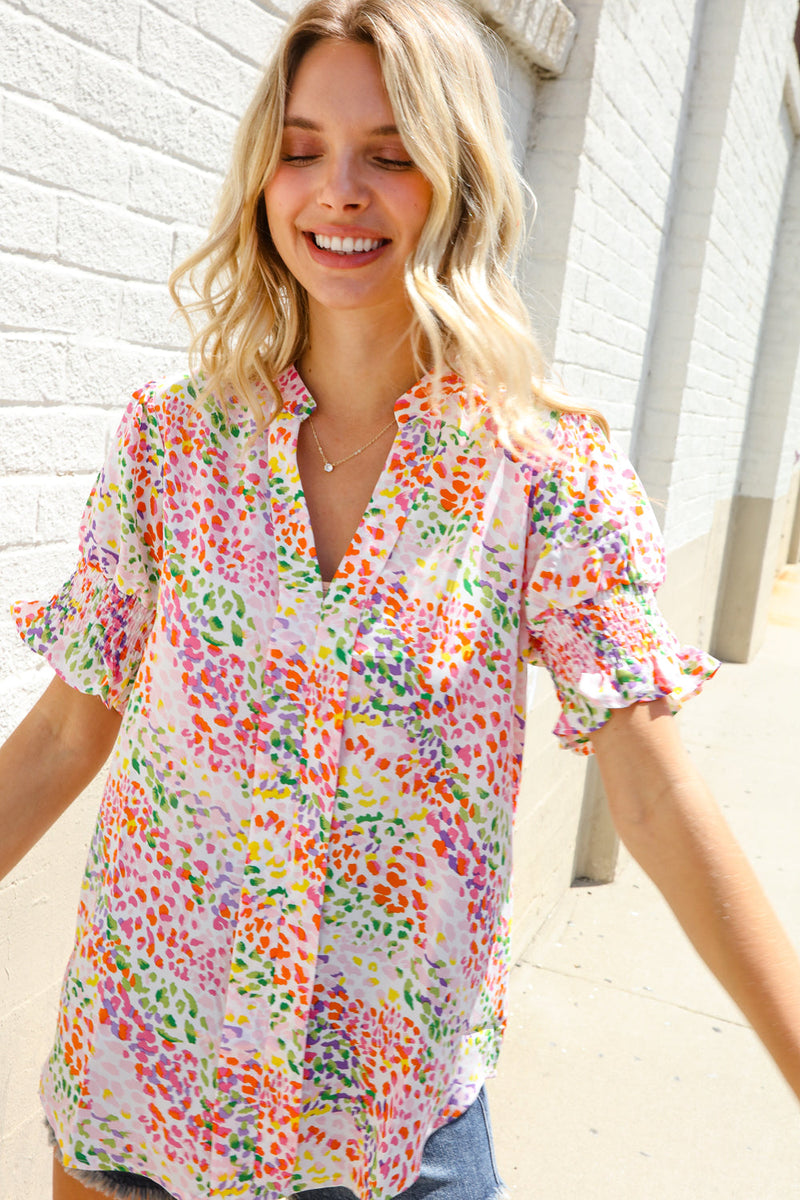 Beautiful You Ivory Notched Neck Floral Smocked Sleeve Top