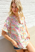 Beautiful You Ivory Notched Neck Floral Smocked Sleeve Top