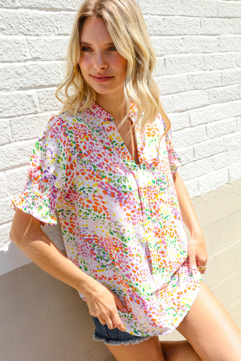 Beautiful You Ivory Notched Neck Floral Smocked Sleeve Top