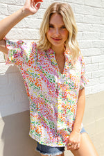 Beautiful You Ivory Notched Neck Floral Smocked Sleeve Top