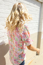 Beautiful You Ivory Notched Neck Floral Smocked Sleeve Top