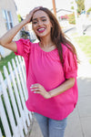 Perfectly You Solid Fuchsia Silk Shirred Cap Short Sleeve Blouse