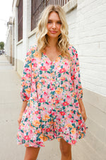 Boho Vibes Cotton Floral Button Down 3/4 Sleeve Tiered Dress