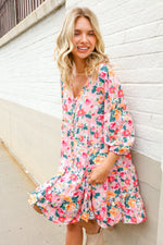 Boho Vibes Cotton Floral Button Down 3/4 Sleeve Tiered Dress