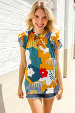 Be Bold Multicolor Abstract Print Flutter Sleeve Mock Neck Top