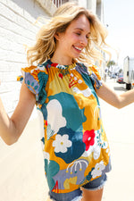 Be Bold Multicolor Abstract Print Flutter Sleeve Mock Neck Top