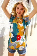 Be Bold Multicolor Abstract Print Flutter Sleeve Mock Neck Top