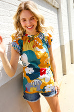 Be Bold Multicolor Abstract Print Flutter Sleeve Mock Neck Top