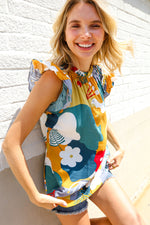 Be Bold Multicolor Abstract Print Flutter Sleeve Mock Neck Top
