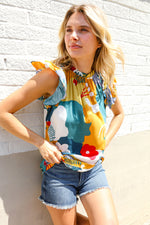 Be Bold Multicolor Abstract Print Flutter Sleeve Mock Neck Top