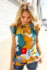 Be Bold Multicolor Abstract Print Flutter Sleeve Mock Neck Top