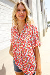 Elegant You Ruby Notched Neck Floral Smocked Sleeve Blouse