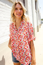 Elegant You Ruby Notched Neck Floral Smocked Sleeve Blouse