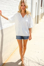 Lock Eyes White Pointelle Collar V Neck Short Sleeve Top