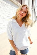 Lock Eyes White Pointelle Collar V Neck Short Sleeve Top