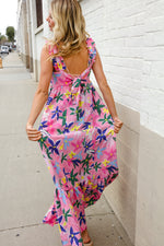 Find Love Pink Floral Back Tie Ribbon Ruffle Hem Frill Shoulder Strap Maxi