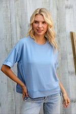 Look My Way Denim Hi-Lo French Terry Outseam Pullover