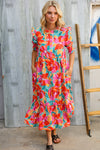 Dazzle In Orange & Aqua Floral Smocked Notched Neck Midi Dress
