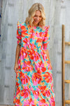 Dazzle In Orange & Aqua Floral Smocked Notched Neck Midi Dress
