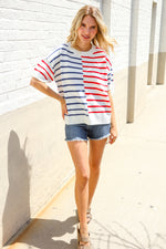 Patriotic Red & Blue Stripe Drop Shoulder Oversize Sweater Top