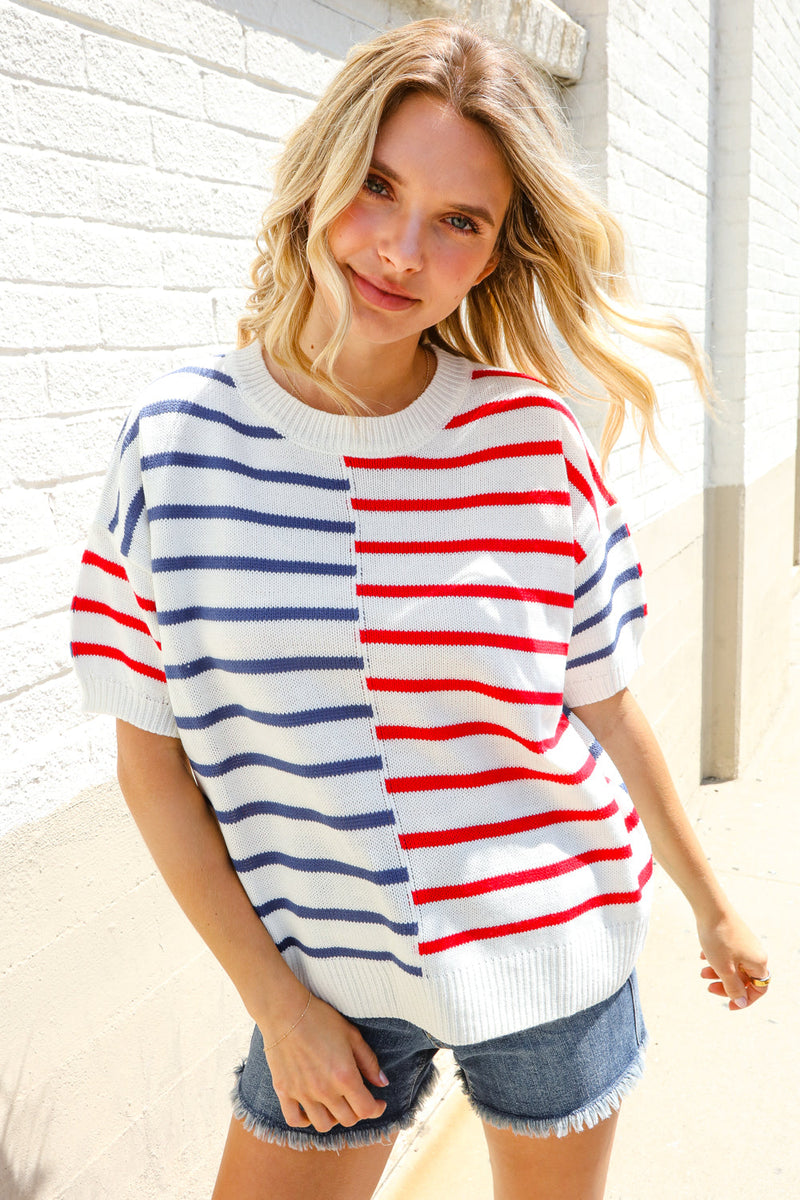 Patriotic Red & Blue Stripe Drop Shoulder Oversize Sweater Top