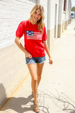 American Flag Bubble Short Sleeve Jacquard Sweater Knit Pullover