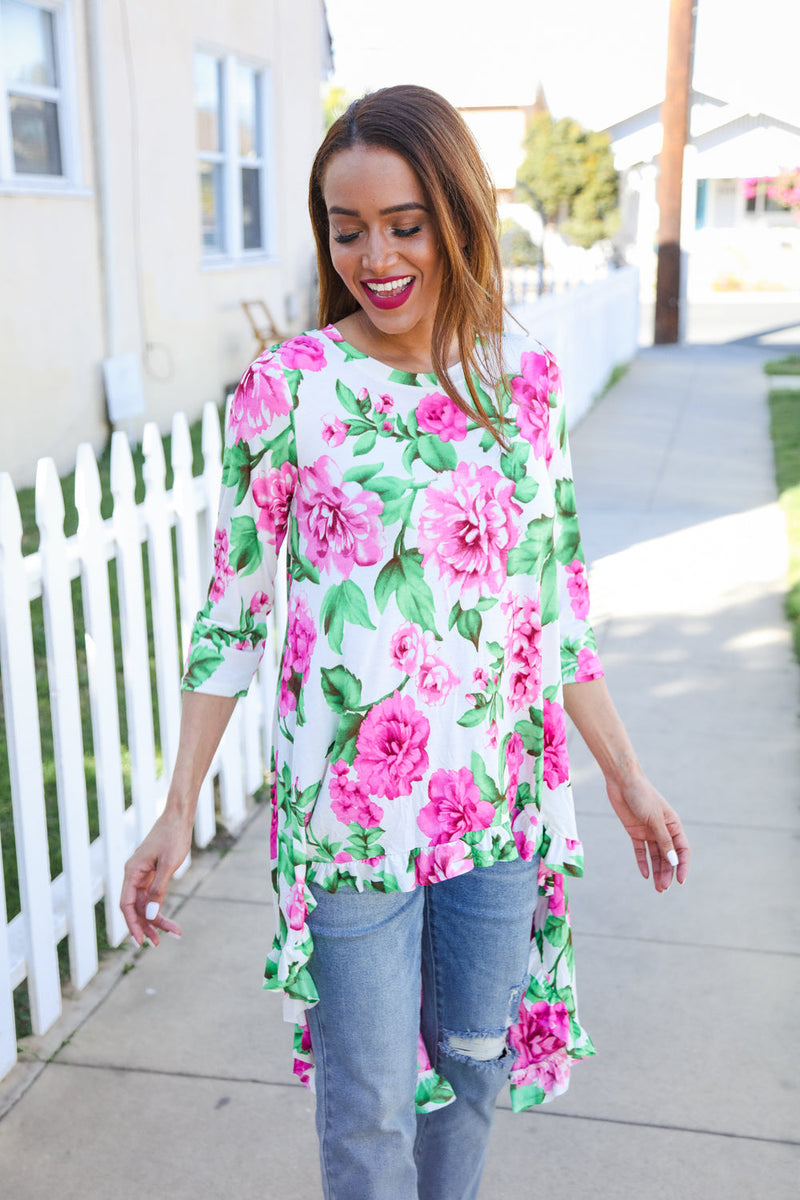 Be Bold Ivory Big Floral Hi-Lo Ruffle Hem Knit Top