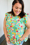 Mint Floral Yoke Flutter Sleeve Keyhole Back Top