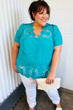 Teal Cotton Embroidered Button Down Cotton Top