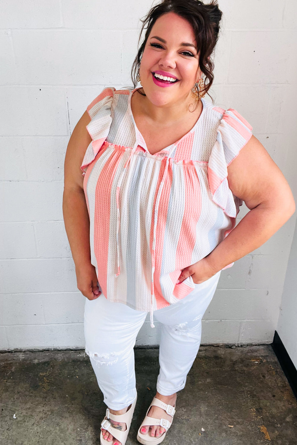 Coral & Light Blue Stripe Waffle Tie Neck Top