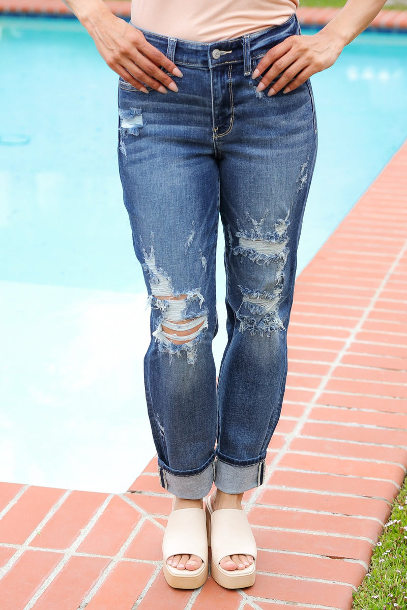 Judy Blue Mid Rise Distressed Boyfriend Fit Cuffed Jeans