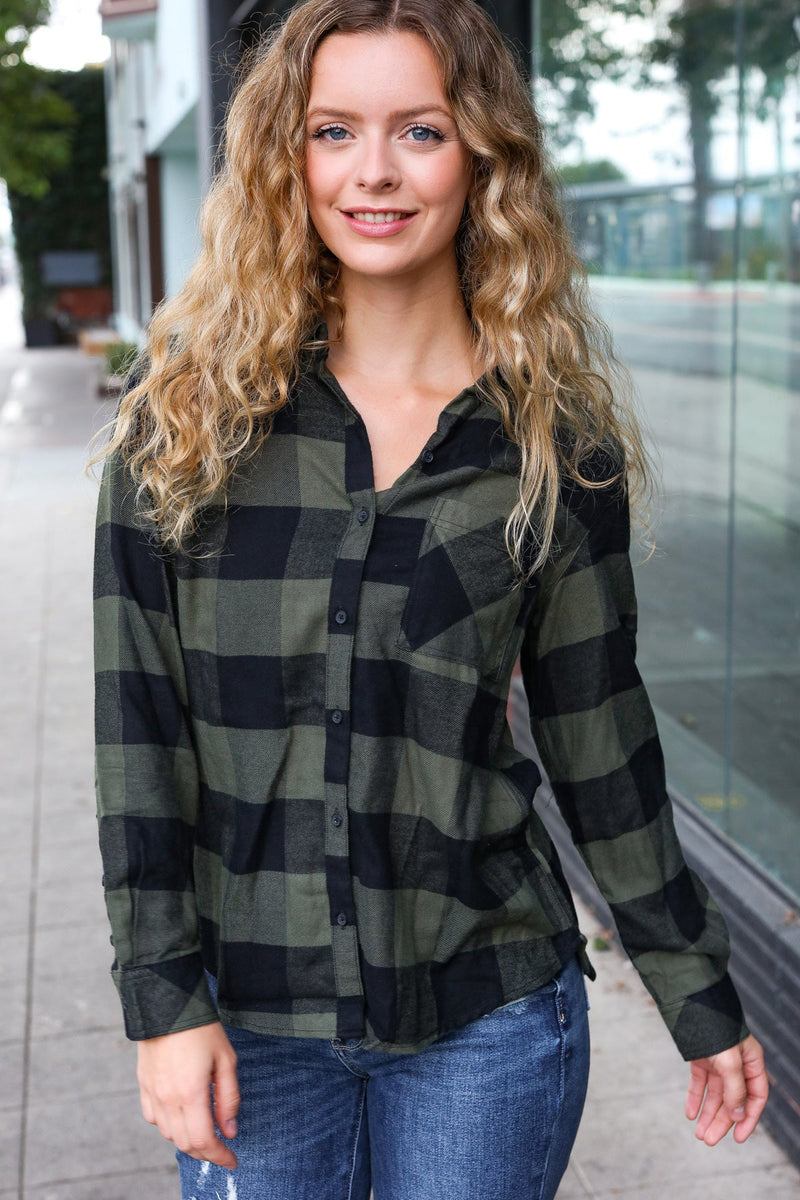 Casual Chic Army Green Plaid Button Down Long Sleeve Top