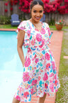 Hello Beautiful Ivory & Fuchsia Floral Sequin Smock Waist Midi Dress