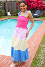 Vacay Vibes Hot Pink & Blue Smocked Color Block Maxi Dress