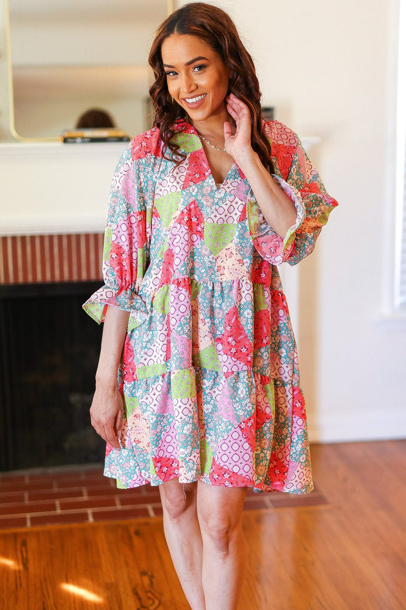 Look Of Love Lime & Coral Patchwork Print V Neck Dress