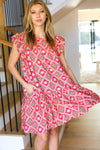 Easy Living Coral Geo Boho Print Yoke Poplin Woven Dress