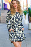 Charcoal Blue Floral Long Sleeve Babydoll Dress