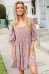 Find Love Taupe Animal Square Neck Tie Back Babydoll Dress