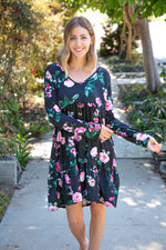 Midnight Floral Tiered Babydoll Dress with Pockets