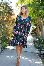 Midnight Floral Tiered Babydoll Dress with Pockets