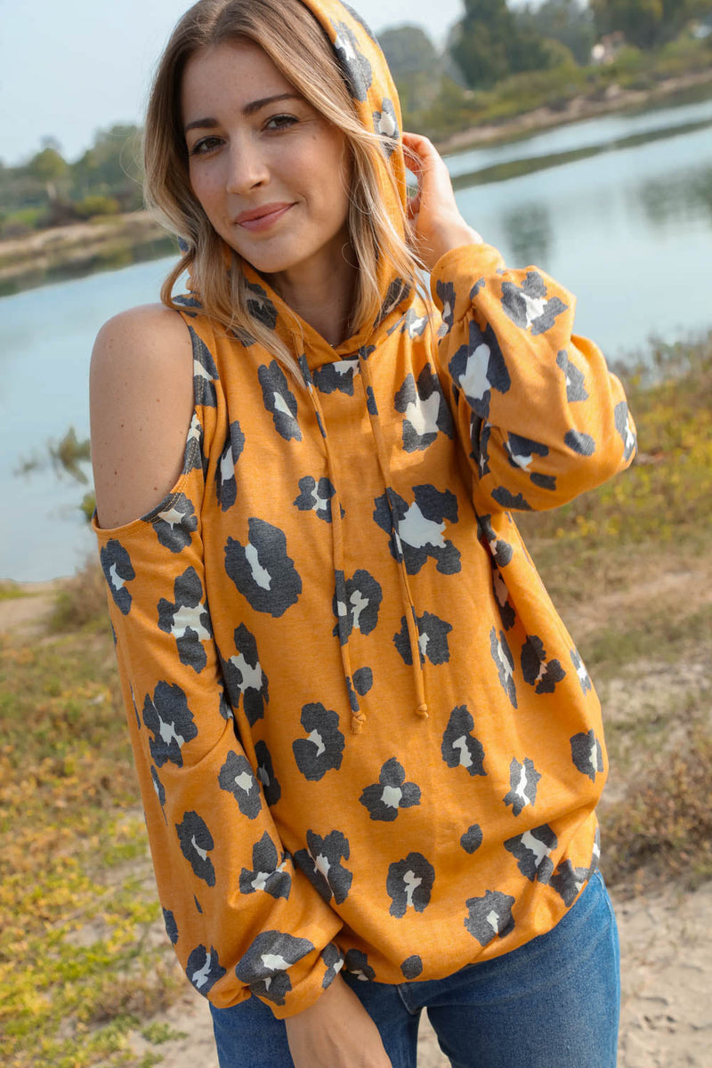 Leopard Print Cold Shoulder Hoodie Top